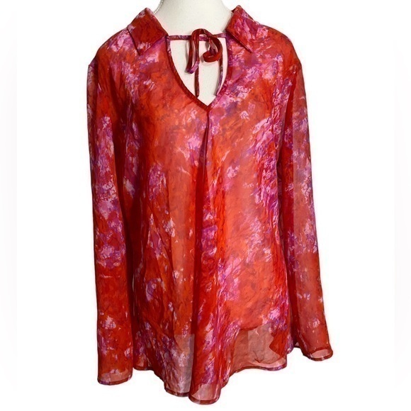 Venezia Tops - Venezia Jeans Red & Purple Abstract Semi Sheer Long Sleeve Blouse